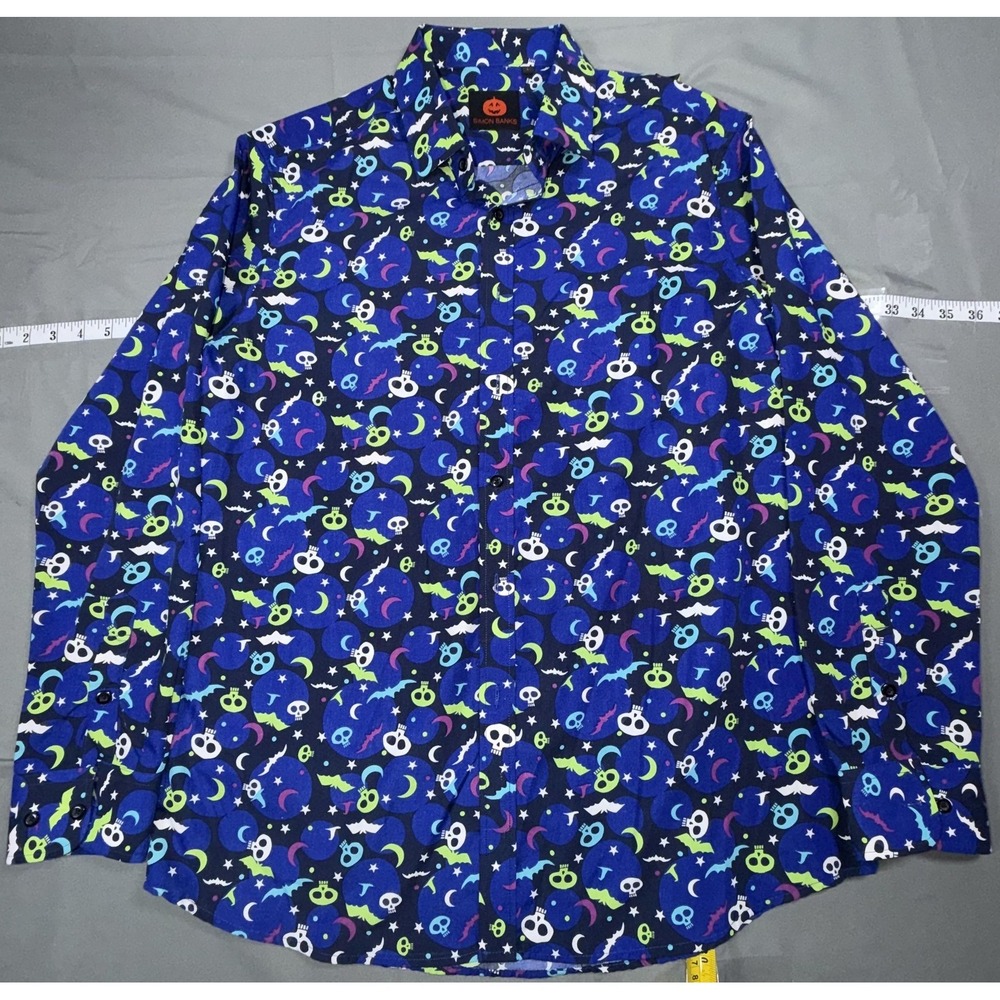 Simon Banks Shirt Mens L Blue Halloween Skull Bat Long Sleeve Button Up Novelty
